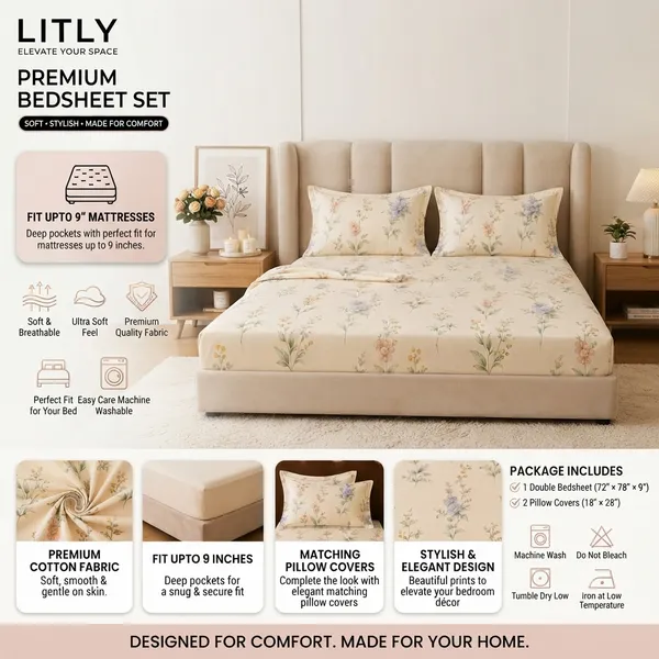 Cream_Floral_Print_Elastic_Fitted_Bedsheet
