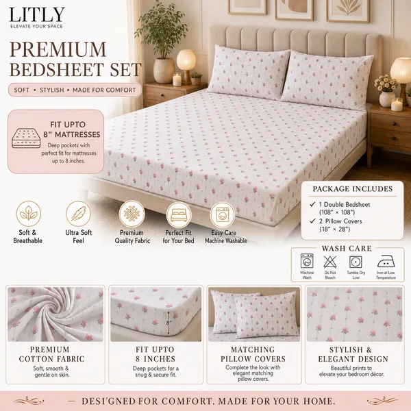 White_Floral_Print_Fitted_Bedsheet_Set