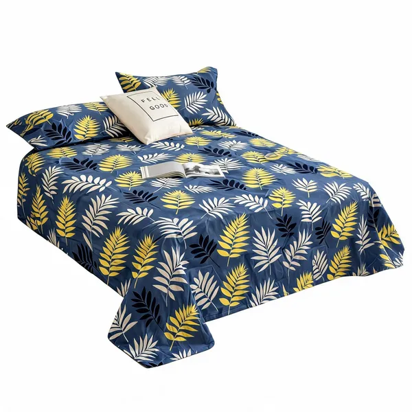 Blue_Cotton_Botanical_Leaf_Print_Double_Bedsheet