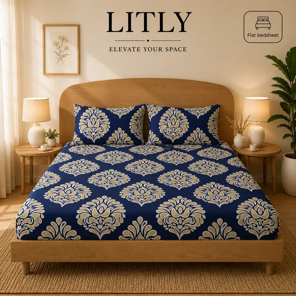 Navy_Blue_Floral_Print_King_Size_Bedsheet_Set