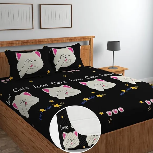 Premium_Cotton_Cat_Print_Elastic_Fitted_Bedsheet_Elastic_Fitted_King_Bedsheet_with_2_Pillow_Covers_&_360_Degree_Elasticated