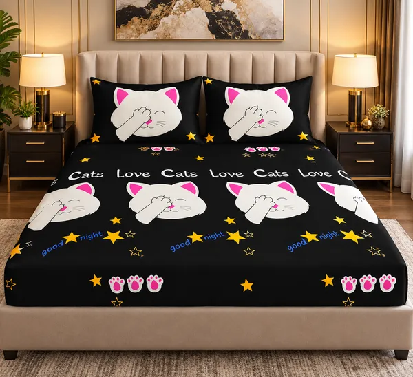 Premium_Cotton_Cat_Print_Elastic_Fitted_Bedsheet_Elastic_Fitted_King_Bedsheet_with_2_Pillow_Covers_&_360_Degree_Elasticated