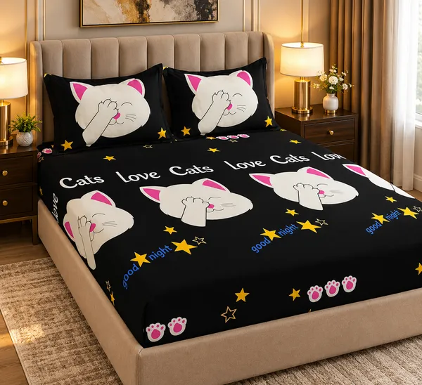 Premium_Cotton_Cat_Print_Elastic_Fitted_Bedsheet_Elastic_Fitted_King_Bedsheet_with_2_Pillow_Covers_&_360_Degree_Elasticated