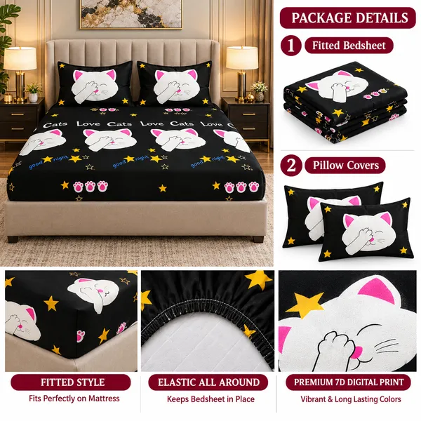 Premium_Cotton_Cat_Print_Elastic_Fitted_Bedsheet_Elastic_Fitted_King_Bedsheet_with_2_Pillow_Covers_&_360_Degree_Elasticated