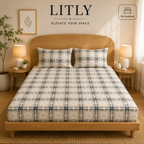 Litly_Cream_Check_Pattern_Flat_Bedsheet
