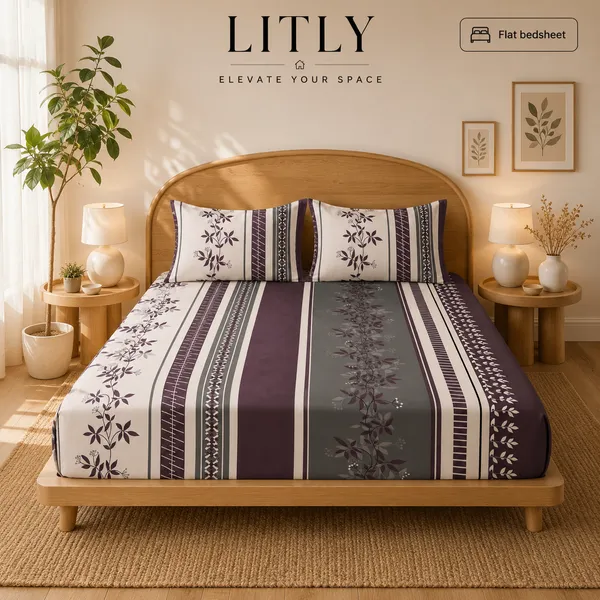 Striped_Floral_Print_Flat_Bedsheet_Set
