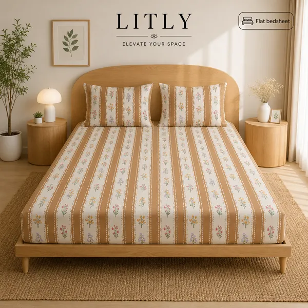 Beige_Floral_Stripe_Flat_Bedsheet