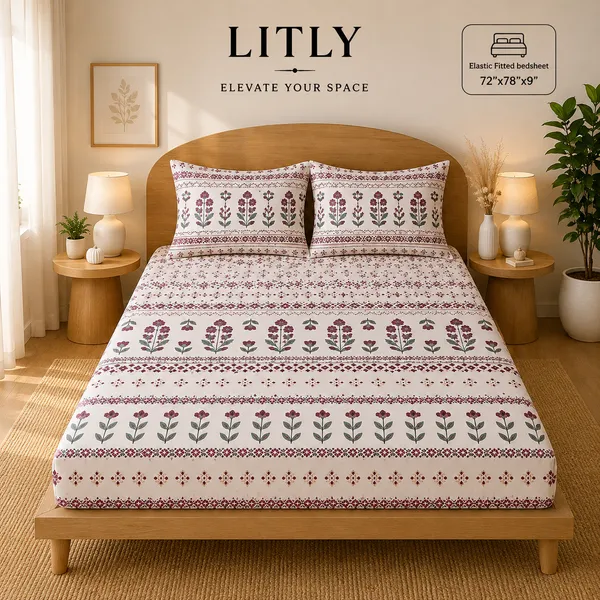 Floral_Print_Elastic_Fitted_Double_Bedsheet
