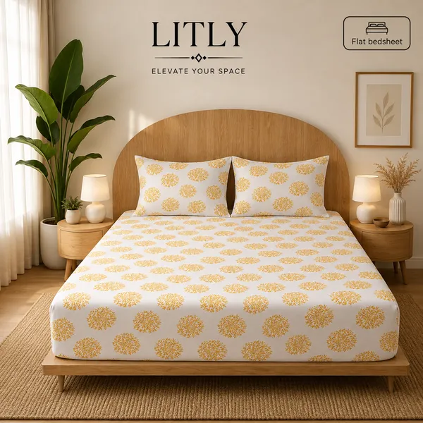 White_Gold_Floral_Print_Flat_Bedsheet