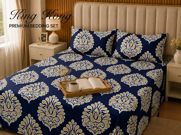 Navy_Blue_Floral_Print_King_Size_Bedsheet_Set