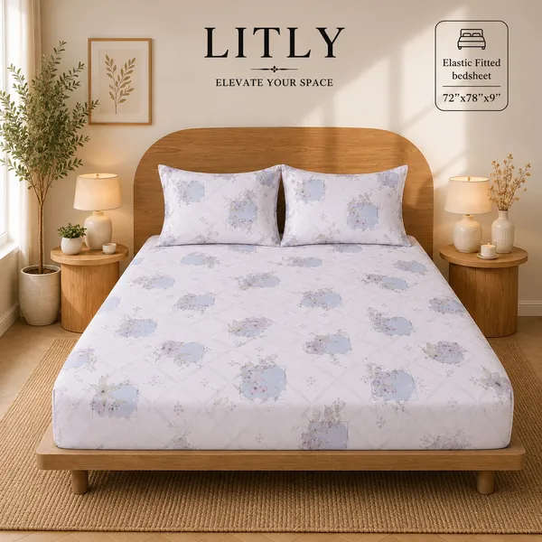 White_Floral_Print_Elastic_Fitted_Bedsheet
