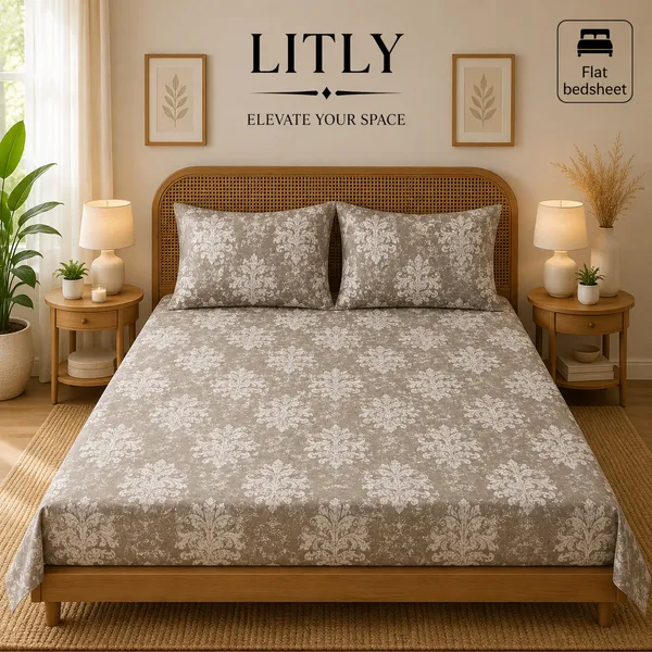 Taupe_Floral_Print_Flat_Bedsheet