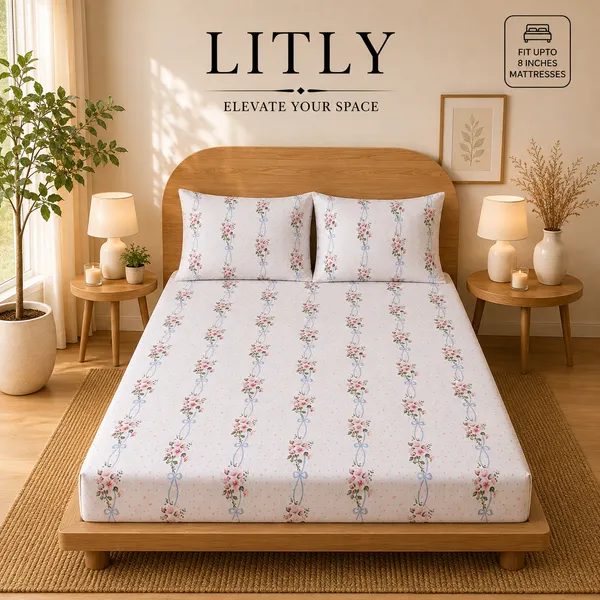 White_Floral_Print_Fitted_Bedding_Set