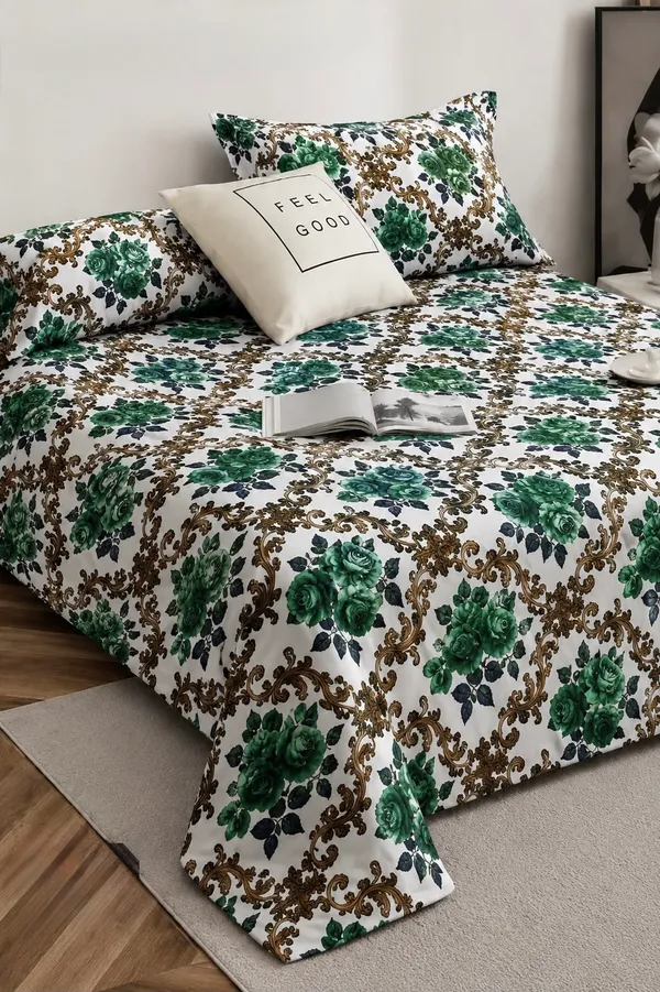 Green_Floral_Print_Rose_Pattern_Bedsheet_Set