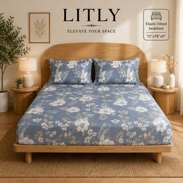 Cotton_Floral_Print_King_Size_Fitted_Bedsheet_Set