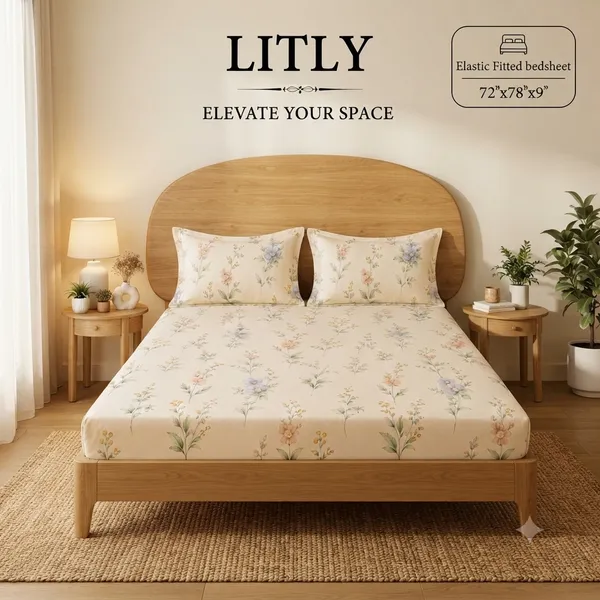 Cream_Floral_Print_Elastic_Fitted_Bedsheet