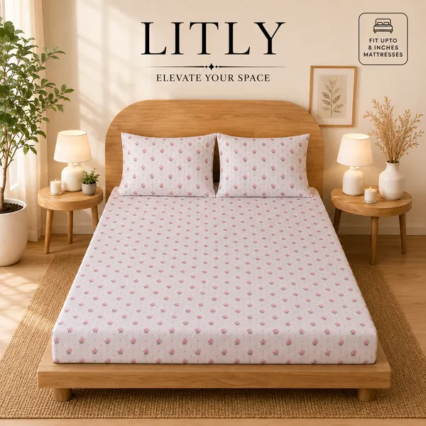 White_Floral_Print_Fitted_Bedsheet_Set