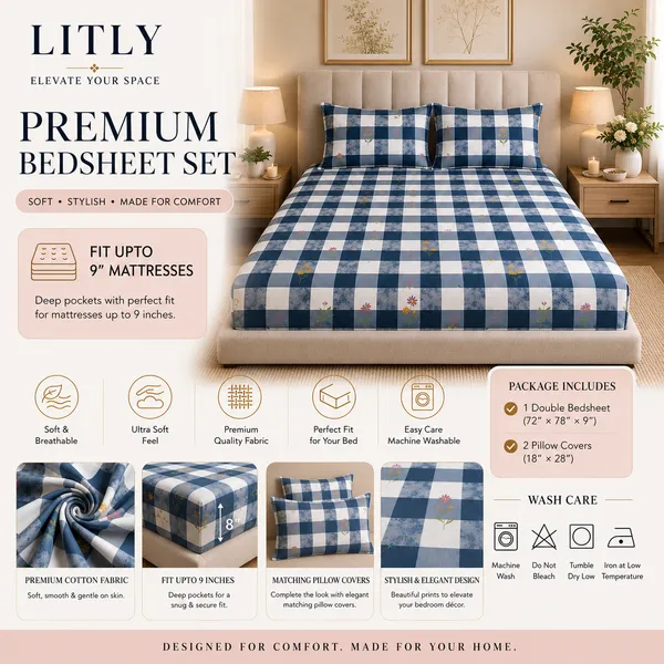 Cotton_Checkered_Floral_Print_Double_Bedsheet_Set