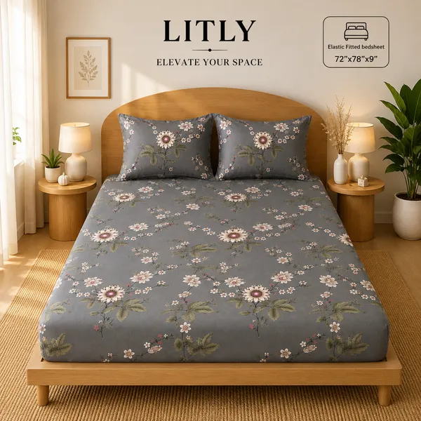 Grey_Floral_Print_King_Size_Fitted_Bedsheet