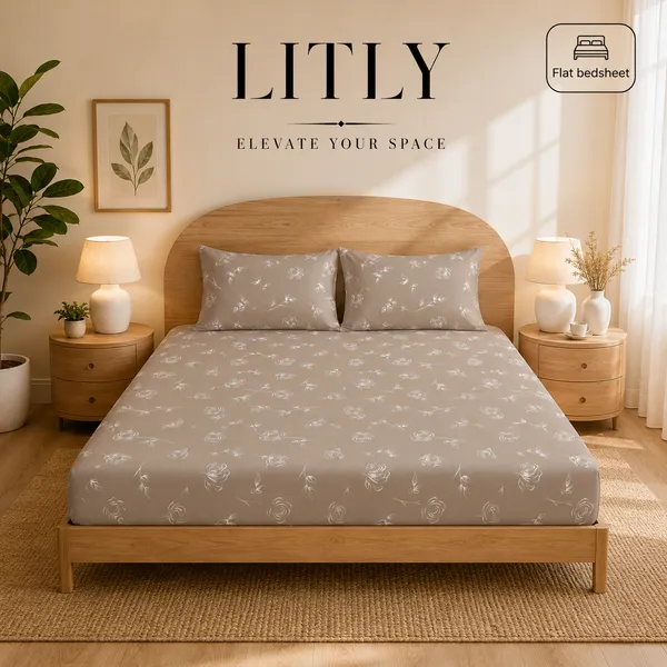 Taupe_Floral_Print_Flat_Bedsheet_Set