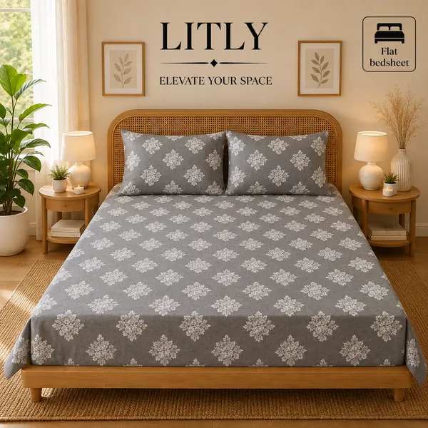 Grey_Floral_Print_Flat_Bedsheet_Set