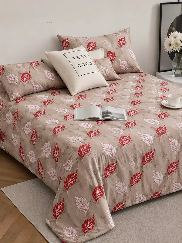 Beige_Botanical_Print_Bedsheet_With_Pillow_Covers