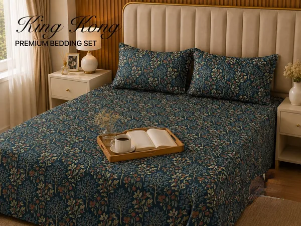 Dark_Teal_Floral_Print_King_Size_Flat_Bedsheet