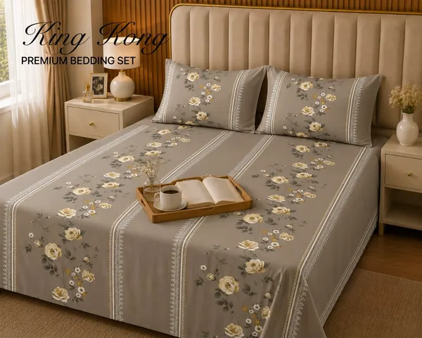 Grey_Floral_Print_Flat_Bedsheet_Set