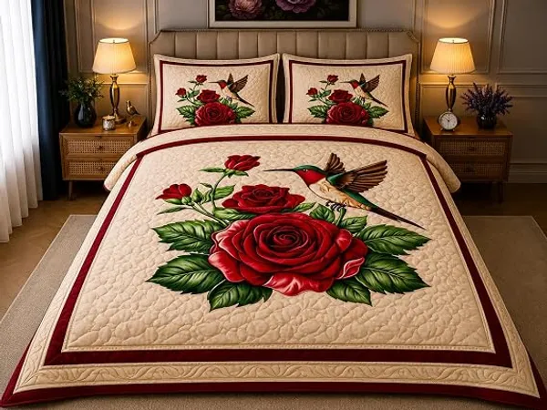 Quilted_Floral_Rose_Hummingbird_King_Size_Bedspread