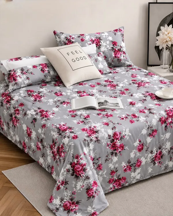 Grey_Floral_Print_Bedsheet_Set
