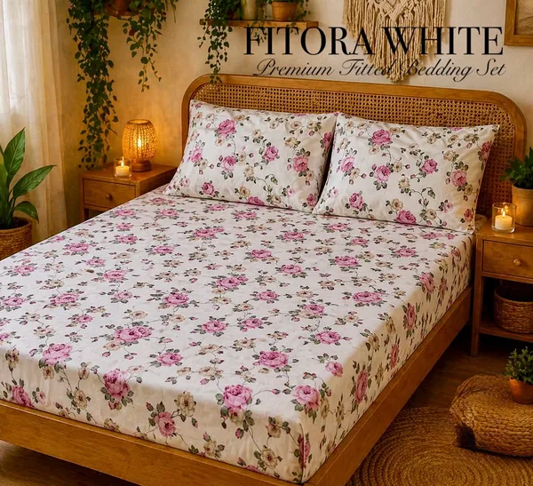 White_Pink_Floral_Print_Fitted_Bedsheet_Set