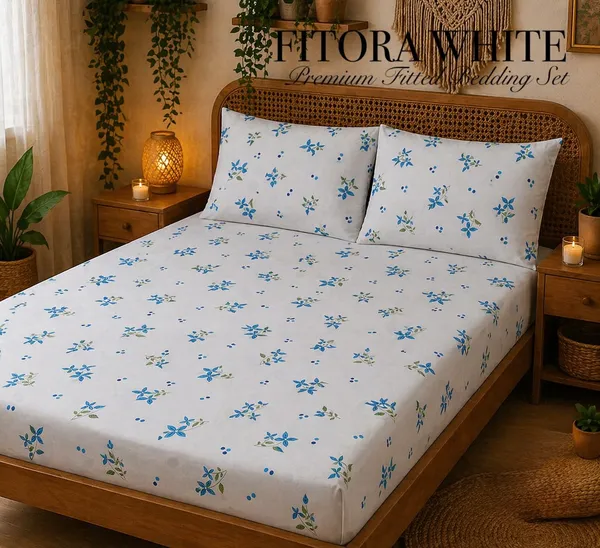 White_Floral_Print_Fitted_Bedsheet_Set