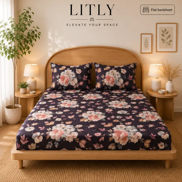 Floral_Print_Black_Flat_Bedsheet