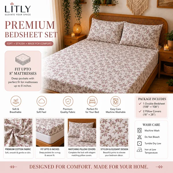 White_Floral_Print_Fitted_Bedsheet_Set