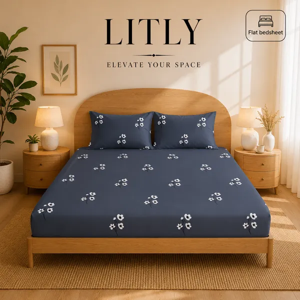 Floral_Print_Navy_Blue_Flat_Bedsheet_Set