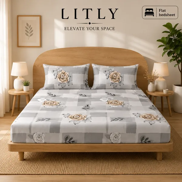 Grey_Floral_Print_Flat_Bedsheet_Set
