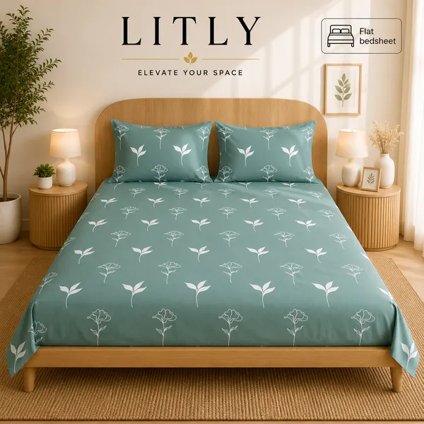 Teal_Floral_Print_Flat_Bedsheet