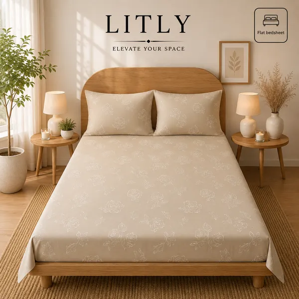 Beige_Floral_Print_Flat_Bedsheet