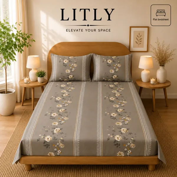 Grey_Floral_Print_Flat_Bedsheet_Set
