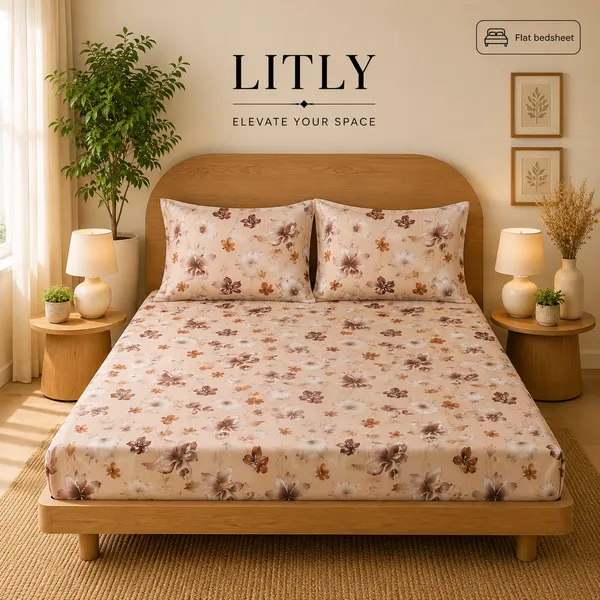 Beige_Floral_Print_Flat_Bedsheet_Set