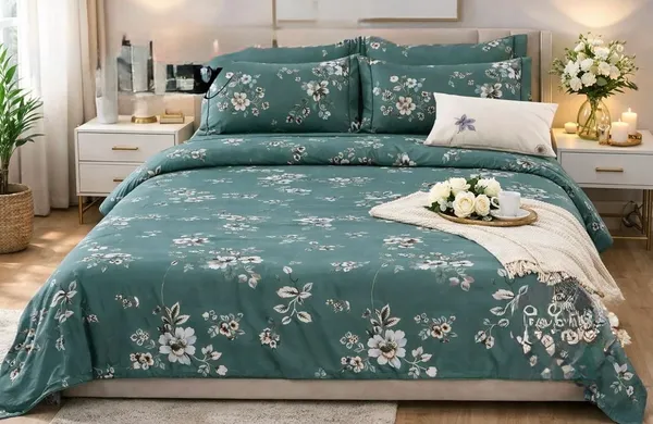 Teal_Floral_Print_Flat_Bedsheet