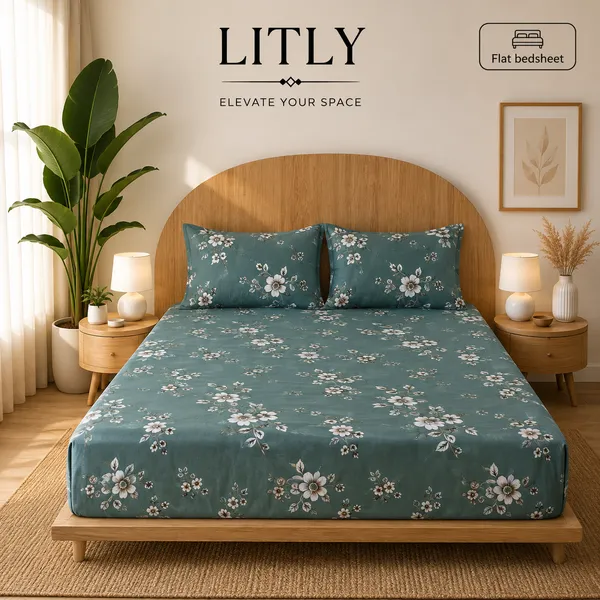 Teal_Floral_Print_Flat_Bedsheet