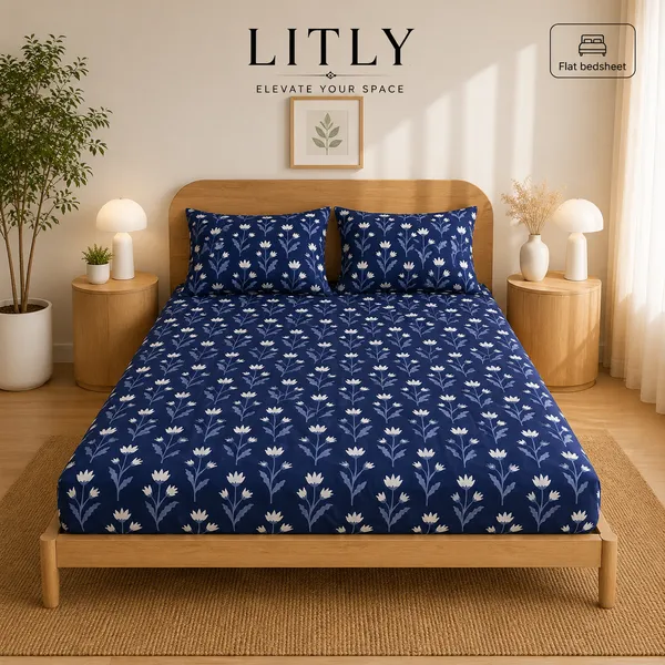 Navy_Blue_Botanical_Print_Flat_Bedsheet