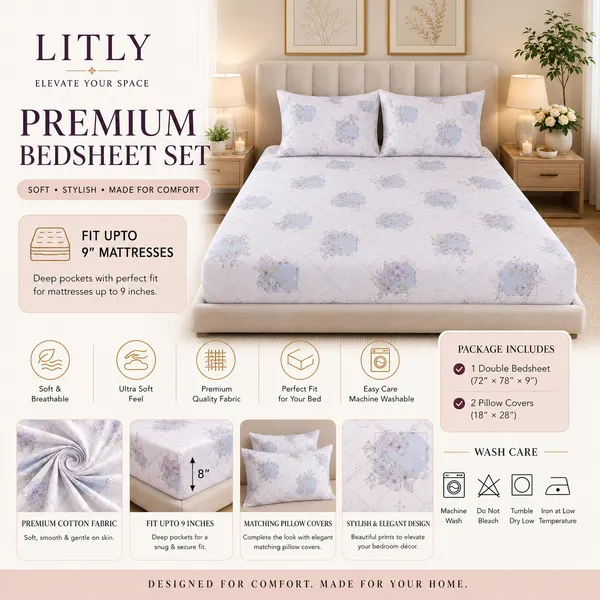 White_Floral_Print_Elastic_Fitted_Bedsheet