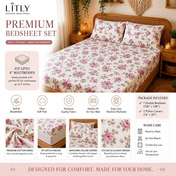White_Pink_Floral_Print_Fitted_Bedsheet_Set