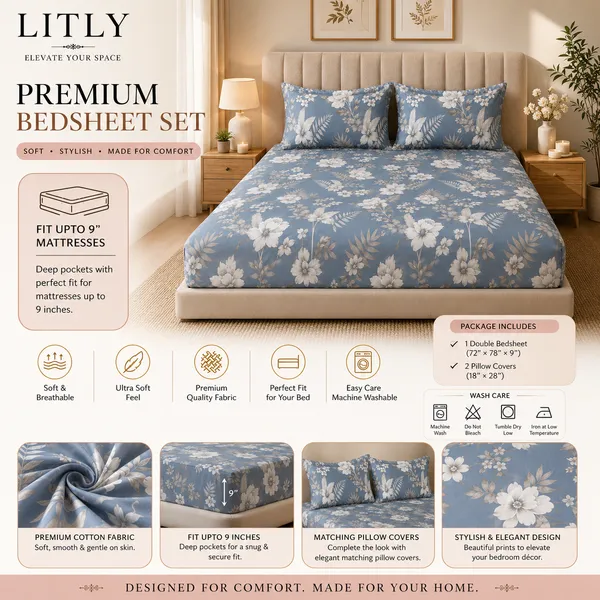Cotton_Floral_Print_King_Size_Fitted_Bedsheet_Set