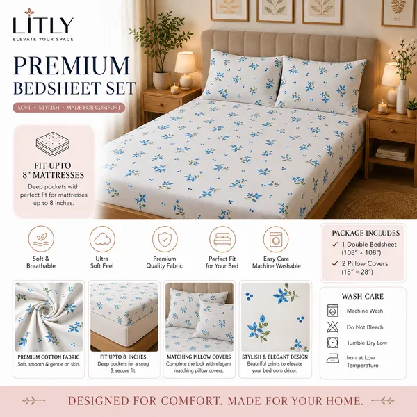 White_Floral_Print_Fitted_Bedsheet_Set