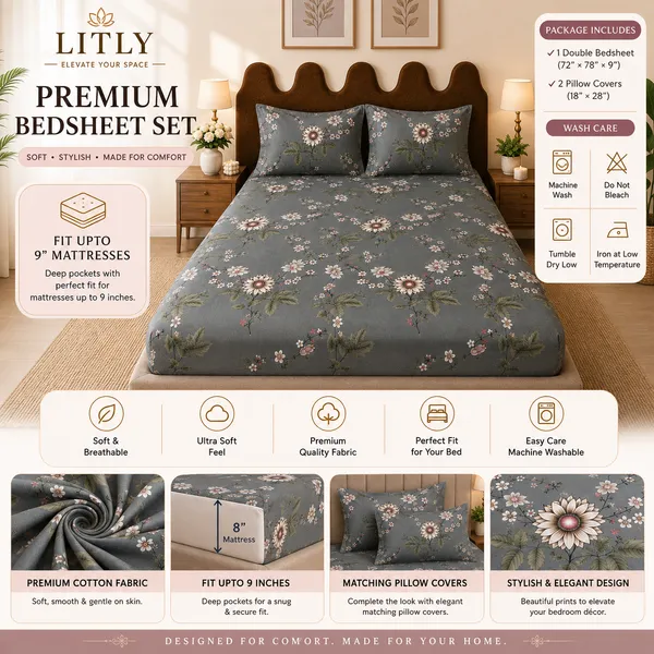 Grey_Floral_Print_King_Size_Fitted_Bedsheet