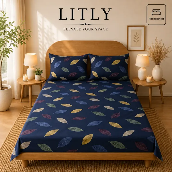 Navy_Multicolour_Leaf_Print_Flat_Bedsheet