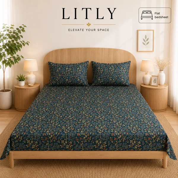 Dark_Teal_Floral_Print_King_Size_Flat_Bedsheet